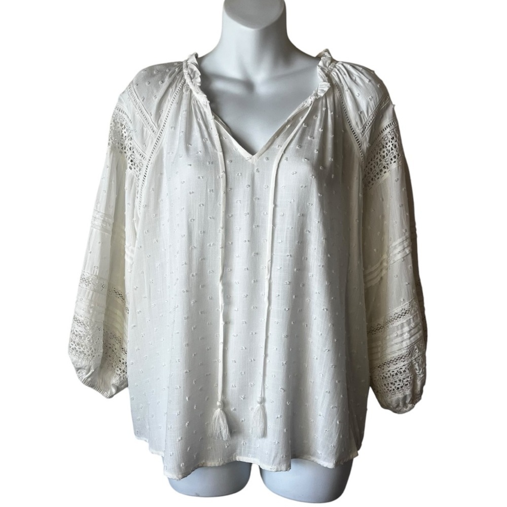 Lovestitch white swiss dot boho tassel top size L